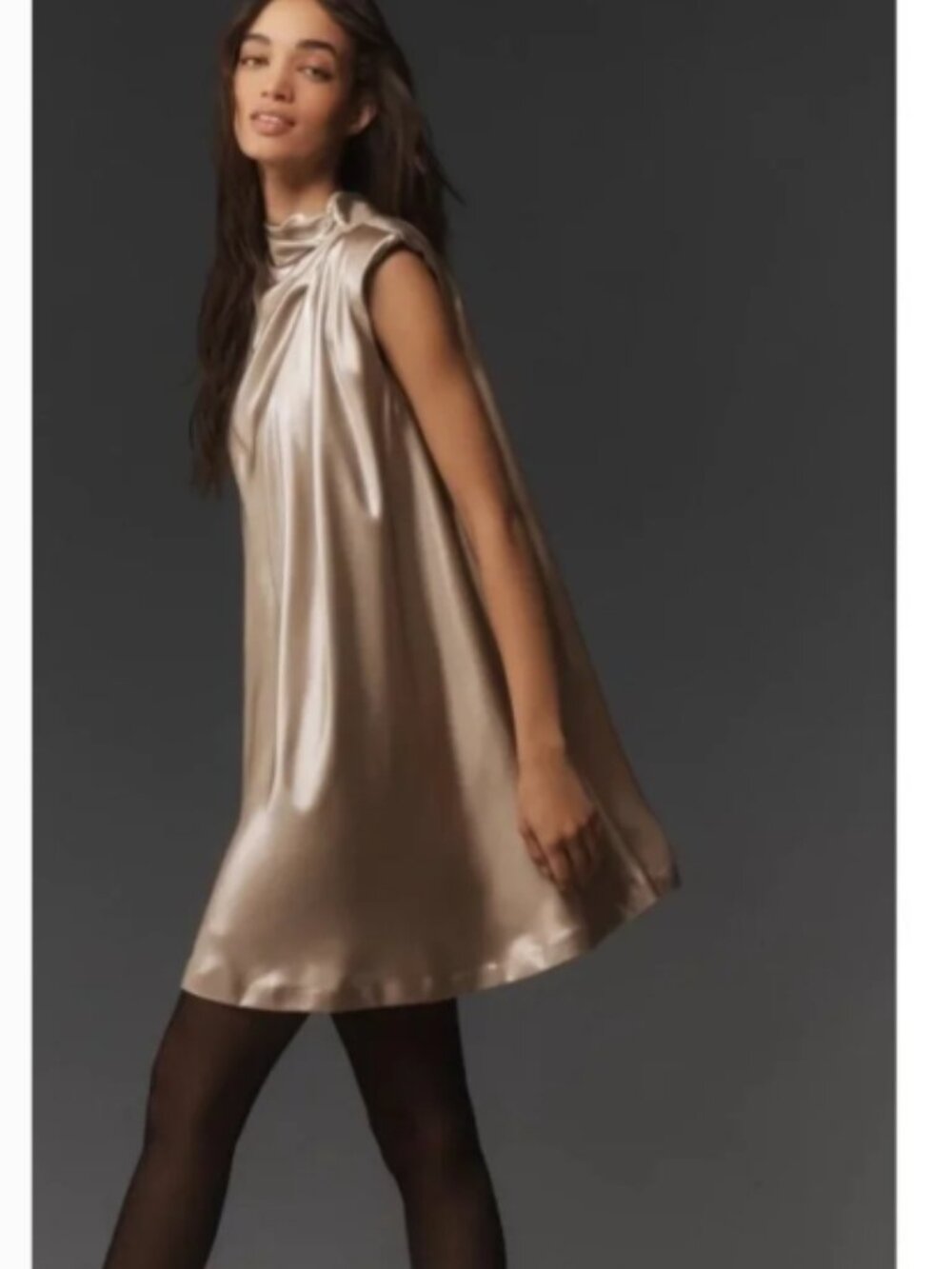 NWT Anthropologie Sleeveless Liquid Shine Mini Dress in gold / champagne Petite